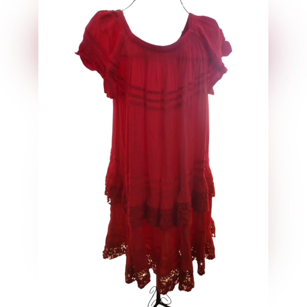 Red Boho Lace Trim Peasant Dress